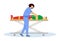 Paramedic with injured patient on stretcher flat vector illustration