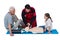 Paramedic training cardiopulmonary resuscitation to senior man and girl