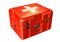 Paramedics first aid kit box in emergency care with medicines and supplies, white background isolated