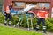 Paramedics with patient on stretcher ambulance aid