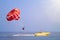 Parasailing - active form of recreation, in which person is fixed with long rope to moving boat and thanks to presence of special