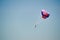 Parasailing. Man flies on parachute in clear blue sky. Side view. Copy space.