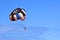 Parasailing under blue sky.