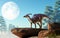 Parasaurolophus on a Rock Under the Moon