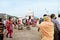 Parasnath, Giridih, Jharkhand, India May 2018 - Hindu Jain pilgrims people walking around Shikharji Temple Lawn area. Temple is