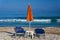 Parasol and beds on the beach