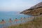 Parasol on the coast of Krk , Croatia