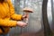 Parasol mushroom. Woman holding edible mushroom in forest