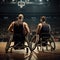 parasport. Two african american man in a wheelchair plays basketball in the gym. Paralympic games in the stadium