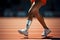 Parasport. woman para athlete on prosthetic leg running track stadium, para athletics championships