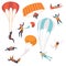 Paratroopers descending with parachutes set, skydiving, parachuting extreme sport vector Illustration on a white