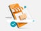 parcel box,order confirmation icon,search bar,display in front of the opening door of a smartphone store