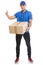 Parcel delivery service box package order delivering job success full body portrait isolated on white