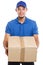 Parcel delivery service box package order delivering job young latin man isolated on white