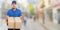 Parcel delivery service box package order delivering job young latin man town banner copyspace copy space