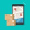 Parcel delivery tracking on cellphone or mobile phone vector, flat cartoon smartphone telephone with city map on screen