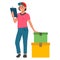 Parcel express delivery male courier with clipboard and cardboard boxes vector isometric