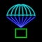 Parcel flying on parachute neon sign. Bright glowing symbol on