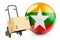 Parcel on the hand truck with Burmese flag. Shipping in Burma, concept. 3D rendering