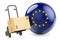 Parcel on the hand truck with the European Union flag. Delivery in the EU, concept. 3D rendering