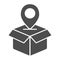 Parcel location solid icon. Opened box with map pin vector illustration isolated on white. Box tracking glyph style
