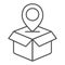 Parcel location thin line icon. Opened box with map pin vector illustration isolated on white. Box tracking outline