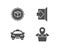 Parcel tracking, Exit and Taxi icons. Package location sign. Box in target, Escape, Passengers transport.