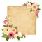 Parchment card with pink and orange roses, lisianthuses and ranunculus flowers. Vector eps-10.