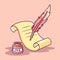 Parchment And Feather Pen Vector Icon Illustration. Feather Pen Writing On Paper. Tool Icon Concept White Isolated on Pink