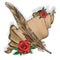 Parchment, feather, red rose, paper illustration