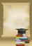 Parchment paper with Graduation cap on stack of books.