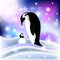 Parent and baby penguin in snowy background