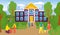 Parent character together back school with young children, urban academy city garden park flat vector illustration