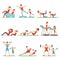 Parent And Child Doing Sportive Exercises And Sport Training Together Having Fun Series Of Scenes