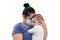 Parent hugging daughter baby with surgical or medical mask