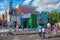 Parent and Kids walking on Sesame Street neighborhood at Seaworld in International Drive area .