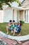 Parent and son gardening activity outdoor in the garden house