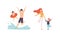 Parent and Their Children Spending Good Time Together Splashing in Water and Walking Vector Set