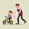 Parenting. The father teaches his son to ride a bicycle. The fir