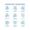 Parenting teenagers turquoise concept icons set