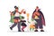 Parents and cchildren in different costumes standing together happy halloween party celebration concept