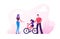 Parents Characters in Medical Mask Teaching Child Riding Bicycle in Park. Family Outdoors Activity on Street