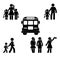 Parents and children before going to school stick figure. Bus, student, mother, father, boys, girls black icon.