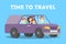 Parents and children have an adventure riding in minivan