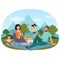 Parents and children having a picnic outside near the mountains vector illustration.