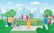 Parents with children in park together, vector illustration. Free time with happy family outside, leisure activity
