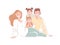 Parents and children are sitting on the floor. A happy family. Hand drawn style vector design illustrations.