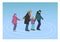 Parents with children skate on the rink during a snowfall.