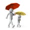 Parents and children taking a walk with an umbrella. The child looks up at the parent. Longing and respect. 3D rendering.