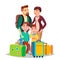 Parents And Children Traveling With Suitcases Vector. Isolated Illustration